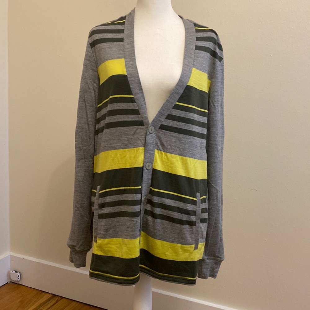 Icebreaker green and yellow striped cardigan
